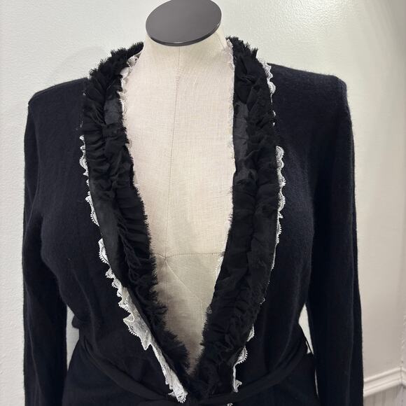 Peck & Peck Collection Size XL Cardigan Sweater Wool Cashmere Black Ruffle Lace - Picture 12 of 16
